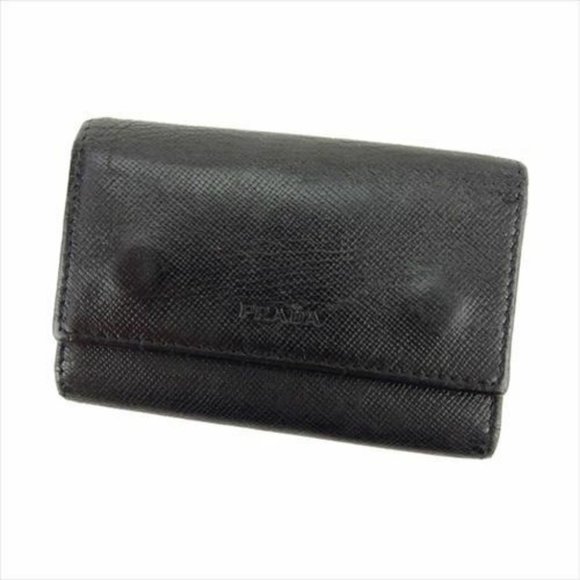 Prada Key case Key holder Logo Black Silver leather Mens Authentic Used F1388 - Picture 1 of 8